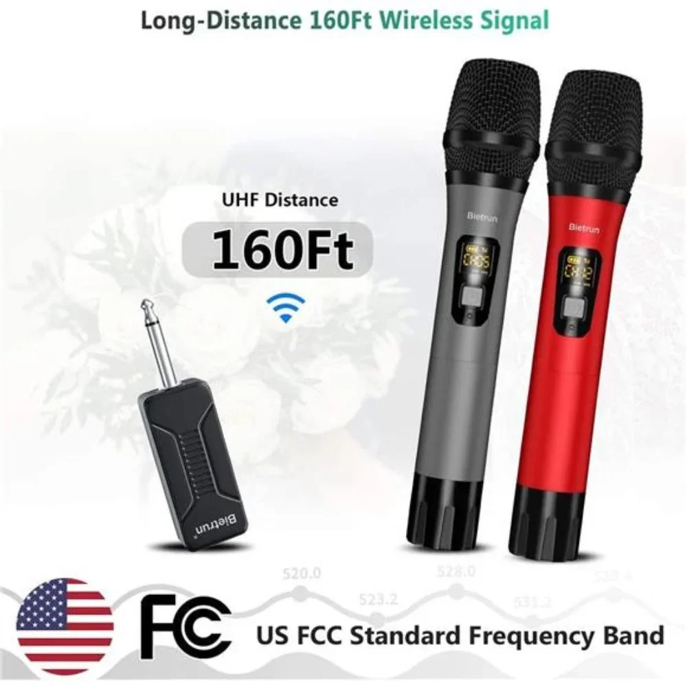 Wireless Microphone, Bietrun UHF Metal Dual Handheld Cordless Dynamic Mic System